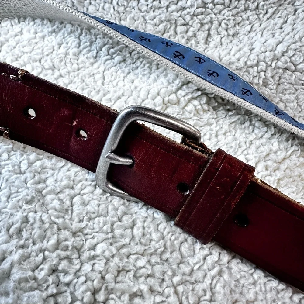 J. Crew Cotton Blue & Cream Anchor Nautical Leather Trim Silver Tone Buckle, 30